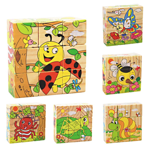 K4-1210-ลูกเต๋าต่อภาพ 9 ชิ้น แบบไม้ ขนาด 10x10 ซม.- แมลง-Dice per picture, 9 wooden pieces--insects;